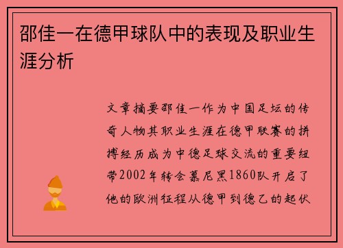 邵佳一在德甲球队中的表现及职业生涯分析